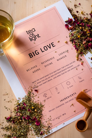 Big Love tea by Tea of Light is an organic loose leaf tea with chamomile, vervain, rose petals, lavender flowers and lemongrass.  The tea is a beautiful gold color.