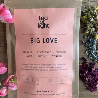 A package of Big Love tea with lavender, chamomile and rose petals.