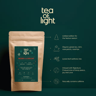 Tea of Light Merry & Bright tea in packaging and infograph