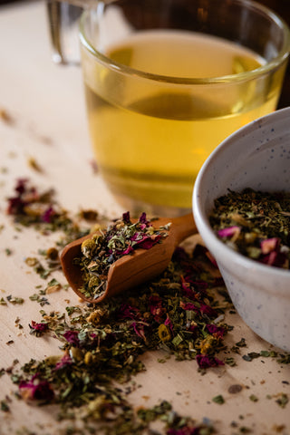 Big Love is an organic herbal loose leaf tea that steeps to a beautiful golden color.