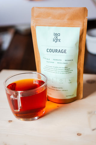 Courage tea contains organic rooibos, hawthorn, elderberries and rosehips.