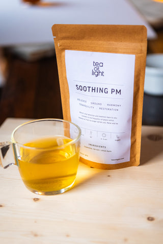 Soothing PM by Tea of Light is made with organic chamomile, lemon balm, and vervain.
