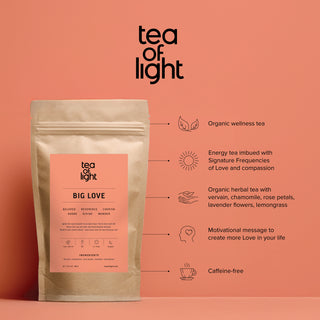 Big Love organic herbal tea from Tea of Light with vervain, chamomile, rose petals, lavender flowers and lemongrass. 