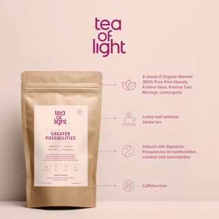 Tea of Light's Greater Possibilities tea for manifestation in packaging