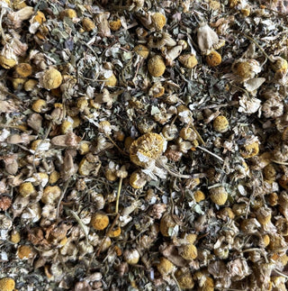 Close up of chamomille flowers, lemon balm and lemon verbana in Tea of Light's Soothing PM organic tea.
