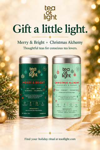 Christmas ad featuring Merry & Bright and Christmas Alchemy tea tins